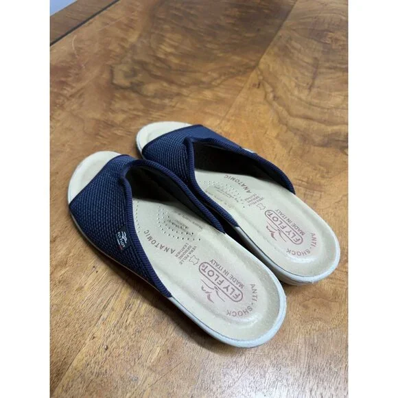 Fly Flot Woman’s 6.5 Eu 37 Italian Navy Slide Slip Sandal Cushion Anti Shock - Picture 5 of 6